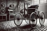 Fotografía del Benz Patent-Motorwagen, un triciclo motorizado diseñado por Karl Benz en 1886. Este vehículo es considerado el primer automóvil de la historia, con motor de combustión interna y diseño innovador para su época.