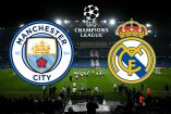 Escudos de Manchester City y Real Madrid en Etihad Stadium.