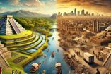 Ilustración dividida que muestra el contraste entre una ciudad mexica rodeada de agua, vegetación y sistemas agrícolas con canales, y una ciudad moderna árida y contaminada, con escasez de agua, urbanización extrema y deterioro ambiental. La imagen representa la transición del equilibrio hídrico ancestral hacia una crisis ambiental urbana contemporánea.