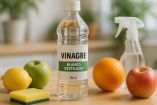 Botella de vinagre blanco destilado de 750 ml sobre una mesa de madera, acompañada de frutas (manzana, naranja, limón) y utensilios de limpieza como esponja y atomizador, simbolizando su uso como desinfectante natural en el hogar.