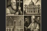 Montaje ilustrado en estilo grabado antiguo que representa escenas clásicas del Vaticano: un papa sosteniendo una cruz, la Basílica de San Pedro con humo blanco, una ceremonia dentro del templo con cardenales alineados y una figura papal leyendo un libro en presencia de otros clérigos