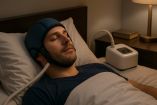 Hombre acostado usando una gorra de enfriamiento cerebral conectada a un dispositivo junto a la cama, diseñada para reducir la temperatura del cerebro y facilitar el sueño en personas con insomnio, en un ambiente nocturno con iluminación suave