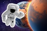 "Ilustración de un astronauta frente a la colisión entre Marte y la Tierra, representando una posible extinción planetaria según el teorema de Poincaré