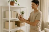 Persona joven organizando libros en una estantería blanca dentro de un espacio hogareño luminoso y minimalista. La escena transmite calma y bienestar, reforzando la relación entre el orden físico y la salud emocional, como destacan estudios en psicología y neurociencia.
