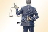 Ilustración de un abogado como una balanza y escondiendo una macana.