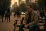 Un hombre de mediana edad está sentado solo en una banca de parque en Ciudad de México, rodeado de personas caminando en grupos. La expresión en su rostro es melancólica, mientras el entorno urbano al atardecer refleja el contraste entre multitud y aislamiento personal.