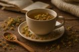 Taza de té de tila caliente en un platillo cerámico, decorada con flores secas de tilo. Sobre una mesa rústica de madera, con una cuchara de madera, un libro abierto y una manta en segundo plano, creando un ambiente cálido y relajante ideal para representar remedios naturales contra el estrés.