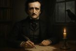 Ilustración hiperrealista de Edgar Allan Poe en una habitación oscura, vestido con ropa del siglo XIX. Está sentado frente a un escritorio con una pluma en la mano, una vela encendida y un cuervo posado en la ventana mientras llueve afuera. Ambiente sombrío y detallado, estilo tenebrista.