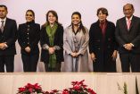Evelyn Salgado de Guerrero, Margarita González Sarabia de Morelos, Clara Brugada Molina jefa de Gobierno de la Ciudad y Delfina Gómez del Estado de México, en la reunión en materia de Extorsión en entidades con mayor incidencias en esta materia.
