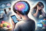 Ilustración de un niño usando un dispositivo móvil con el cerebro resaltado, científicos analizando imágenes cerebrales y una adolescente con signos de ansiedad, que representa los efectos de la exposición temprana a pantallas en el desarrollo cerebral y emocional.