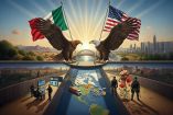 Ilustración sobre la cooperación de los gobiernos de México y EU; destacan las banderas y las águilas representativas de ambos países.