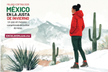 Ilustración editorial estilo acuarela: atleta mexicana de espaldas con chamarra roja y paisaje invernal con elementos desérticos, título “México en la justa de invierno”.