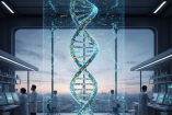 Visualización digital de una doble hélice de ADN suspendida en un laboratorio futurista, mientras científicos analizan datos genómicos en pantallas, ilustrando el uso de inteligencia artificial para estudiar el ADN no codificante y la regulación genética.