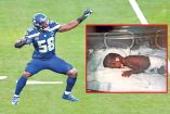 Derick Hall, linebacker de los Seahawks y una imagen cuando estaba en una incubadora.