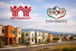 Ilustración con los logos del Infonavit y Fovissste, arriba de casas de interés social en México.