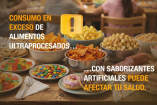 Mesa con alimentos ultraprocesados como papas fritas, donas, dulces y palomitas, junto a advertencia sobre saborizantes artificiales