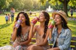 Tres mujeres consumen bebida con prebióticos HeyPOP en un parque, ilustrando su consumo en exteriores como opción refrescante dentro de bebidas funcionales