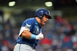 CLEVELAND, OHIO - APRIL 27: Jonathan Aranda #8 of the Tampa Bay Rays celebrates as he rounds the bases after hitting a solo homer during the eighth inning against the Cleveland Guardians at Progressive Field on April 27, 2026, in Cleveland, Ohio.   Jason Miller/Getty Images/AFP (Photo by Jason Miller / GETTY IMAGES NORTH AMERICA / Getty Images via AFP)