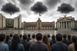 Ilustración de ciudadanos mexicanos que ven, entre nubarrones, a los poderes de la unión.