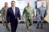 Los titulares de la Semar, de la SSPC, de la Defensa y de la Guardia Nacional, durante la conferencia del Gabinete de Seguridad.