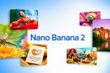 Composición gráfica con el texto Nano Banana 2 rodeado de imágenes generadas por IA, incluyendo una bailarina, insectos, arquitectura y escena rural