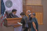 Ilustración de "El Chapo" Guzmán frente a un juez federal