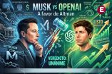 Infografía conceptual del juicio entre Elon Musk y OpenAI, mostrando a Musk y Sam Altman divididos por un mazo de juez que favorece al fundador de ChatGPT tras un veredicto unánime