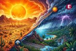 Ilustración conceptual dividida en diagonal representando el clima en México: el lado superior izquierdo muestra un sol ardiente y sequía, y el lado inferior derecho muestra una tormenta tropical con rayos y lluvia intensa.