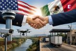 Representación del acuerdo entre Chihuahua y Texas con vigilancia fronteriza, drones, cámaras y camiones de carga en la frontera