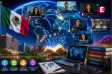Académicos mexicanos en videollamadas internacionales conectados con universidades de México y símbolos de ciencia, tecnología e innovación.