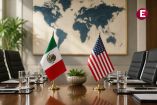Mesa de reunión diplomática con banderas de México y Estados Unidos previo a conversaciones formales sobre la revisión del T-MEC en la Secretaría de Economía.