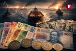 Billetes y monedas mexicanas frente a dólares, buques petroleros y gráfica financiera descendente por tensión en el estrecho de Ormuz.