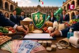Acuerdo económico en México para estabilizar precios de la canasta básica, con alimentos, billetes y monedas mexicanas frente a Palacio Nacional.