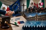 Banderas de México y la Unión Europea, símbolo de justicia, acuerdo bilateral y debate legislativo sobre Tribunal Especial en la Cámara de Diputados.