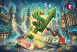 Ilustración financiera que muestra la apreciación del peso mexicano y la caída del dólar estadounidense, impulsado por expectativas de paz en Medio Oriente.