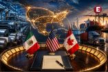 Ilustración editorial del T-MEC con banderas de México, Estados Unidos y Canadá, mapa de Norteamérica, rutas comerciales, industria automotriz, acero, transporte de carga y puerto marítimo.