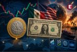Moneda mexicana y billete de dólar frente a gráficos financieros, banderas de México y Estados Unidos, comercio marítimo y tensión geopolítica.