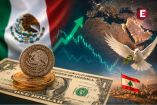 Moneda mexicana sobre billete de dólar con gráfica al alza, mapa de Medio Oriente, paloma de paz y bandera de Líbano