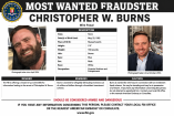 Cartel de búsqueda del FBI con fotografías de Christopher W. Burns e información sobre la investigación por presunto fraude financiero.