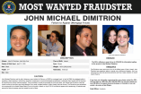 Imagen difundida por el FBI con datos y fotografías de John Michael Dimitrion, acusado de fraude hipotecario y prófugo desde 2010 junto a su esposa.