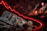 Dólares, monedas mexicanas y gráfica financiera descendente ante tensión petrolera en Medio Oriente.