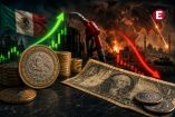 Monedas mexicanas con leyenda Estados Unidos Mexicanos frente a un dólar, gráficos financieros, gasolina y tensión geopolítica en Medio Oriente.
