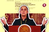 Fotomontaje de Claudia Sheinbaum en conferencia de prensa mañanera gesticulando. Detrás de ella el titular de la publicación del New York Times en español que dice: 'Funcionarios de Morena son informantes de EU'.