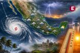 Vista satelital de México con una depresión tropical en el océano Pacífico, tormentas eléctricas, lluvias intensas y un termómetro que representa el contraste entre precipitaciones y altas temperaturas en diversas regiones del país.