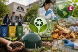 Investigadora analiza residuos orgánicos y materiales reciclables en un laboratorio, junto a un biodigestor y contenedores de separación de basura, representando proyectos de economía circular desarrollados por la UAM.
