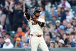 Jul 27, 2026; San Francisco, California, USA; San Francisco Giants second baseman Luis Arraez (1) gestures after hitting an RBI-single against the Milwaukee Brewers during the third inning at Oracle Park. Mandatory Credit: Darren Yamashita-Imagn Images