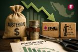 Austeridad presupuestal para el INE y el Poder Judicial en México, representada con monedas, recorte de gasto y símbolos institucionales.