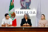Graciela Domínguez encabeza una reunión de trabajo junto a dos funcionarios estatales en una sede oficial del gobierno de Sinaloa.