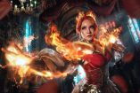 Liz Sakura caracterizada como Chandra Nalaar, con vestuario rojo y efectos de fuego en un escenario fantástico.