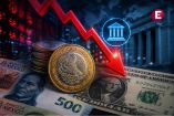 Peso mexicano se deprecia frente al dólar con una flecha descendente y elementos que aluden a la Reserva Federal y la política monetaria de Estados Unidos.
